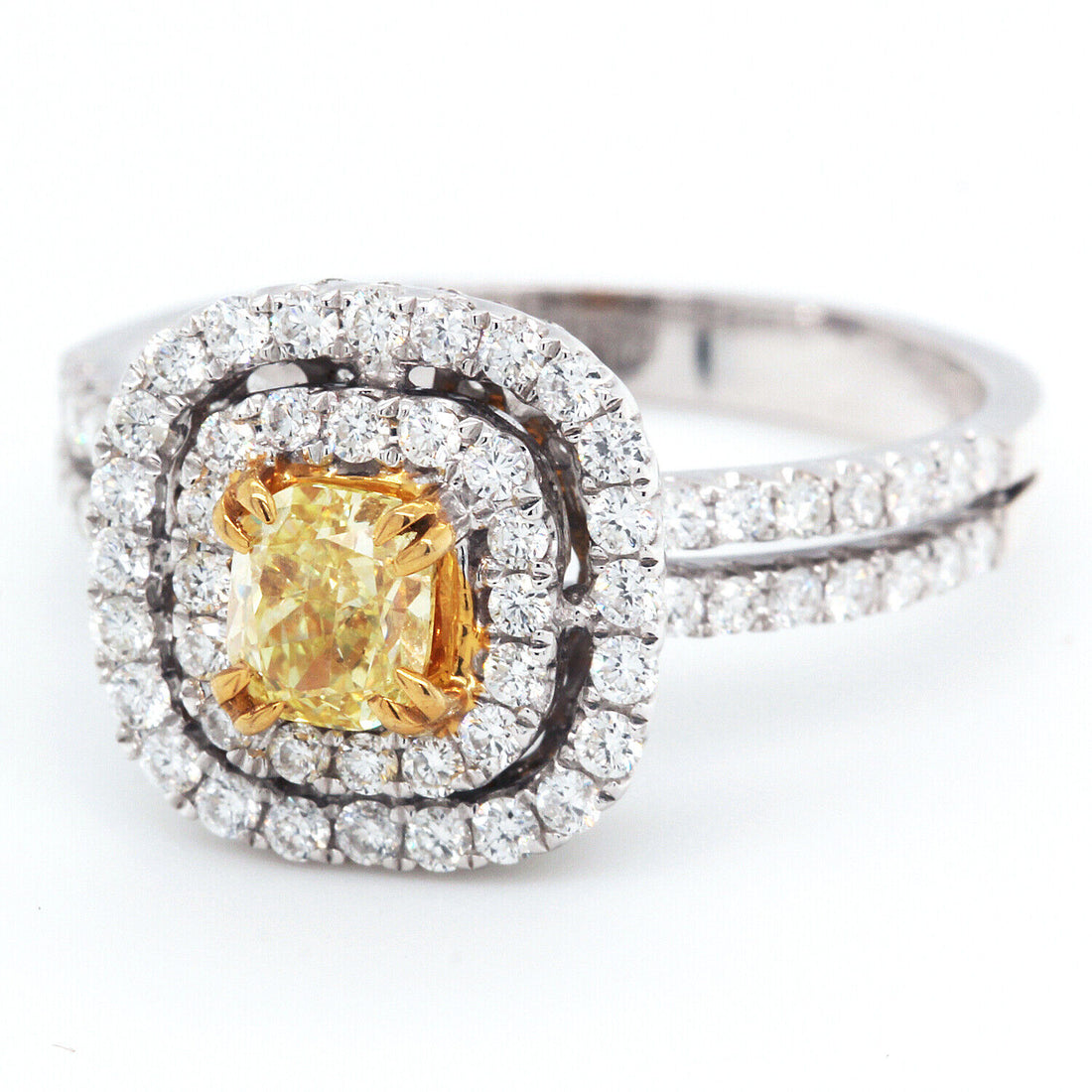 1.53ct Fancy Yellow Cushion Diamond Double Halo and Shank Engagement Ring