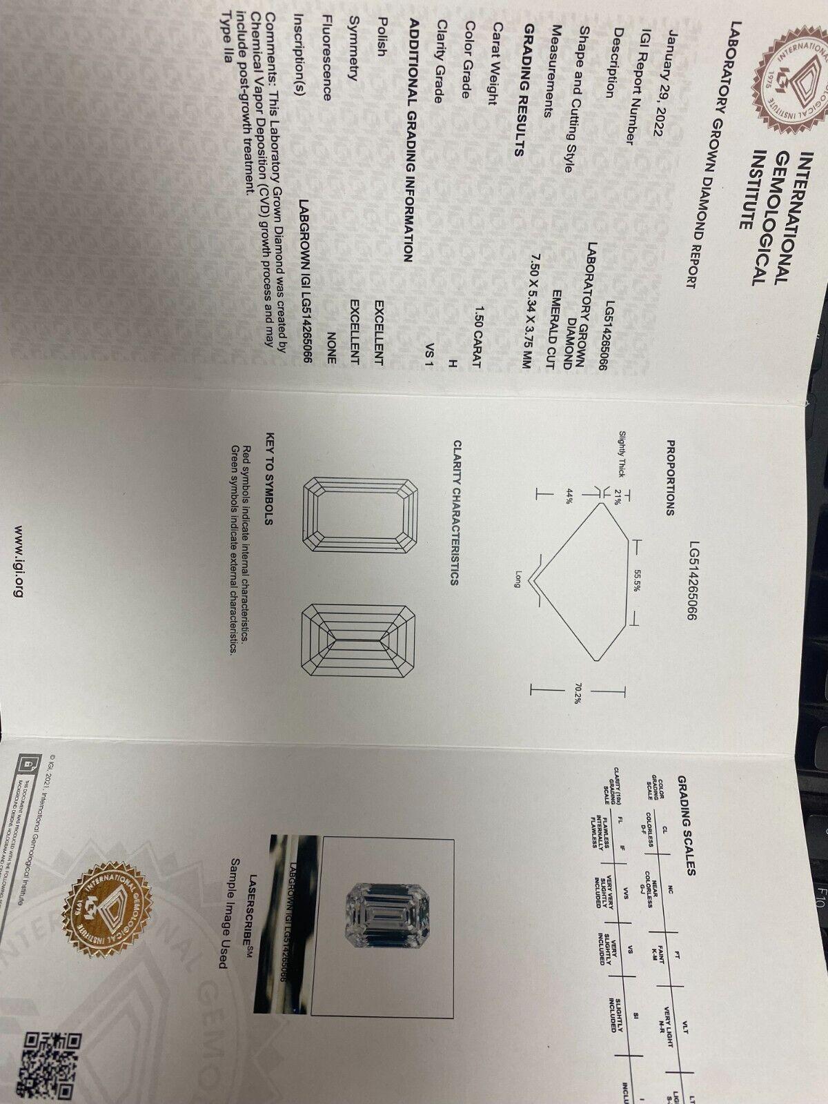 14K Gold Lab Grown 1.50ct Emerald Cut Diamond Solitaire Engagement Ring H-VS1