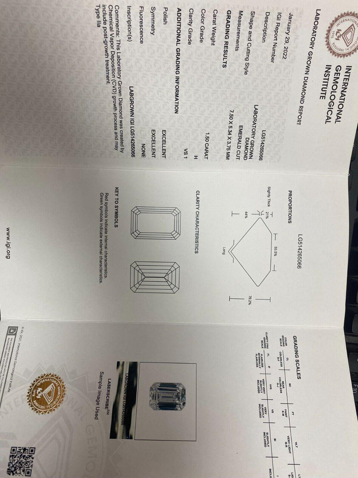 14K Gold Lab Grown 1.50ct Emerald Cut Diamond Solitaire Engagement Ring H-VS1