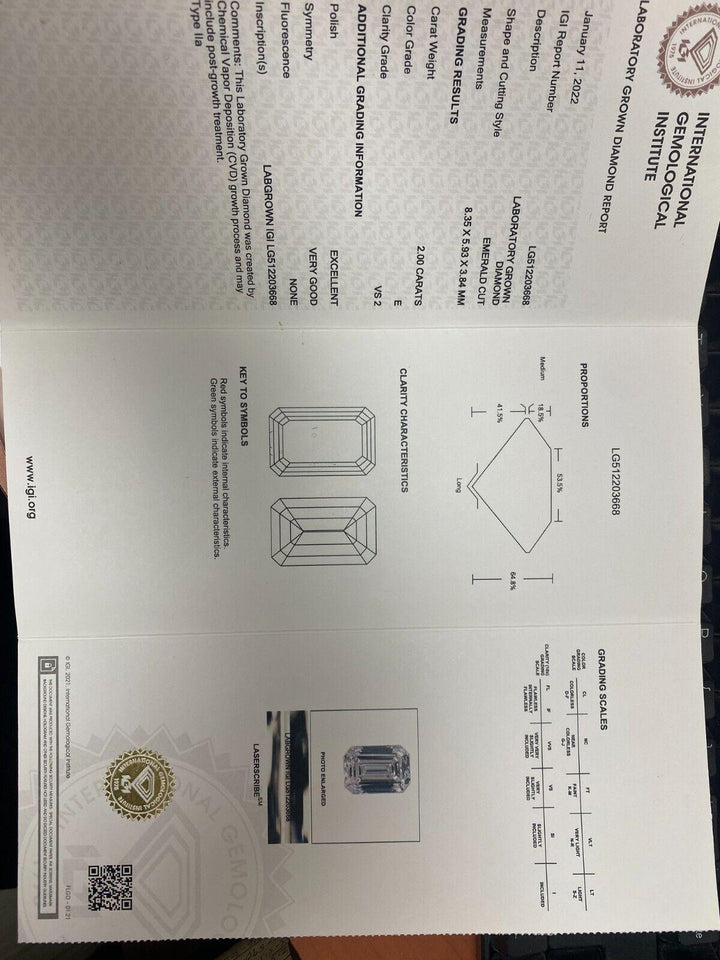 14K Gold Lab Grown 2.00ct Emerald Cut Diamond Solitaire Engagement Ring E-VS2