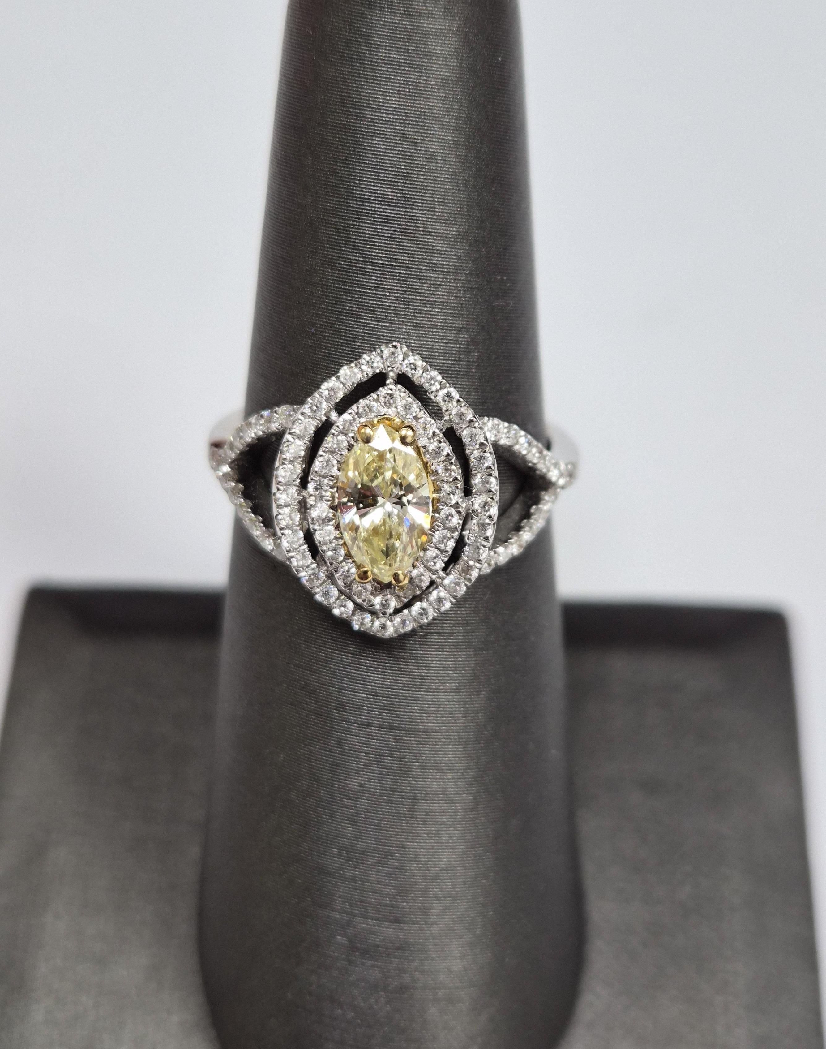 Fancy Yellow Diamond Double Halo Marquise Cocktail Ring 1.02 Tcw 18K White Gold