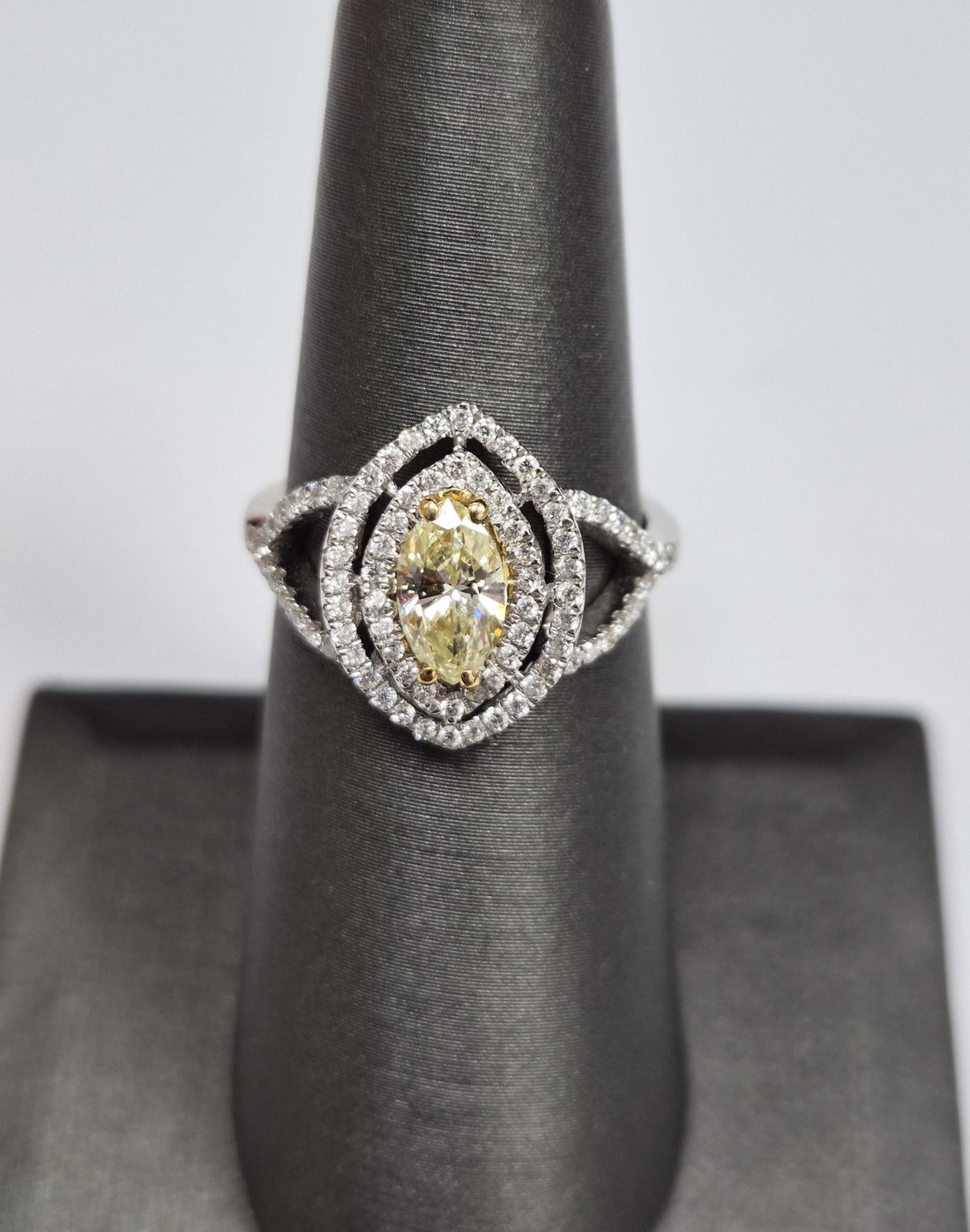 Fancy Yellow Diamond Double Halo Marquise Cocktail Ring 1.02 Tcw 18K White Gold