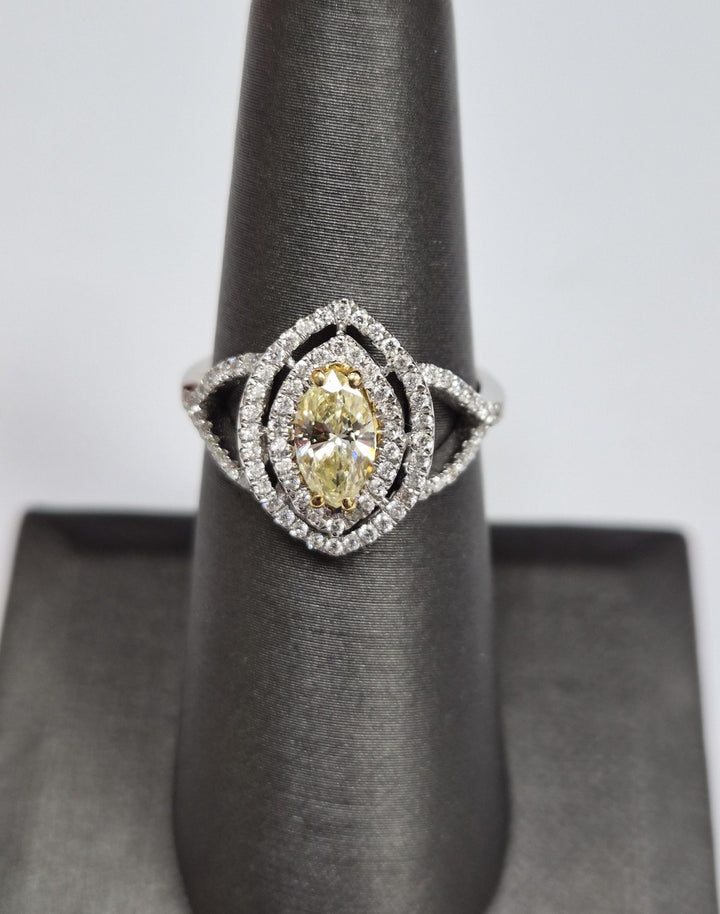 Fancy Yellow Diamond Double Halo Marquise Cocktail Ring 1.02 Tcw 18K White Gold
