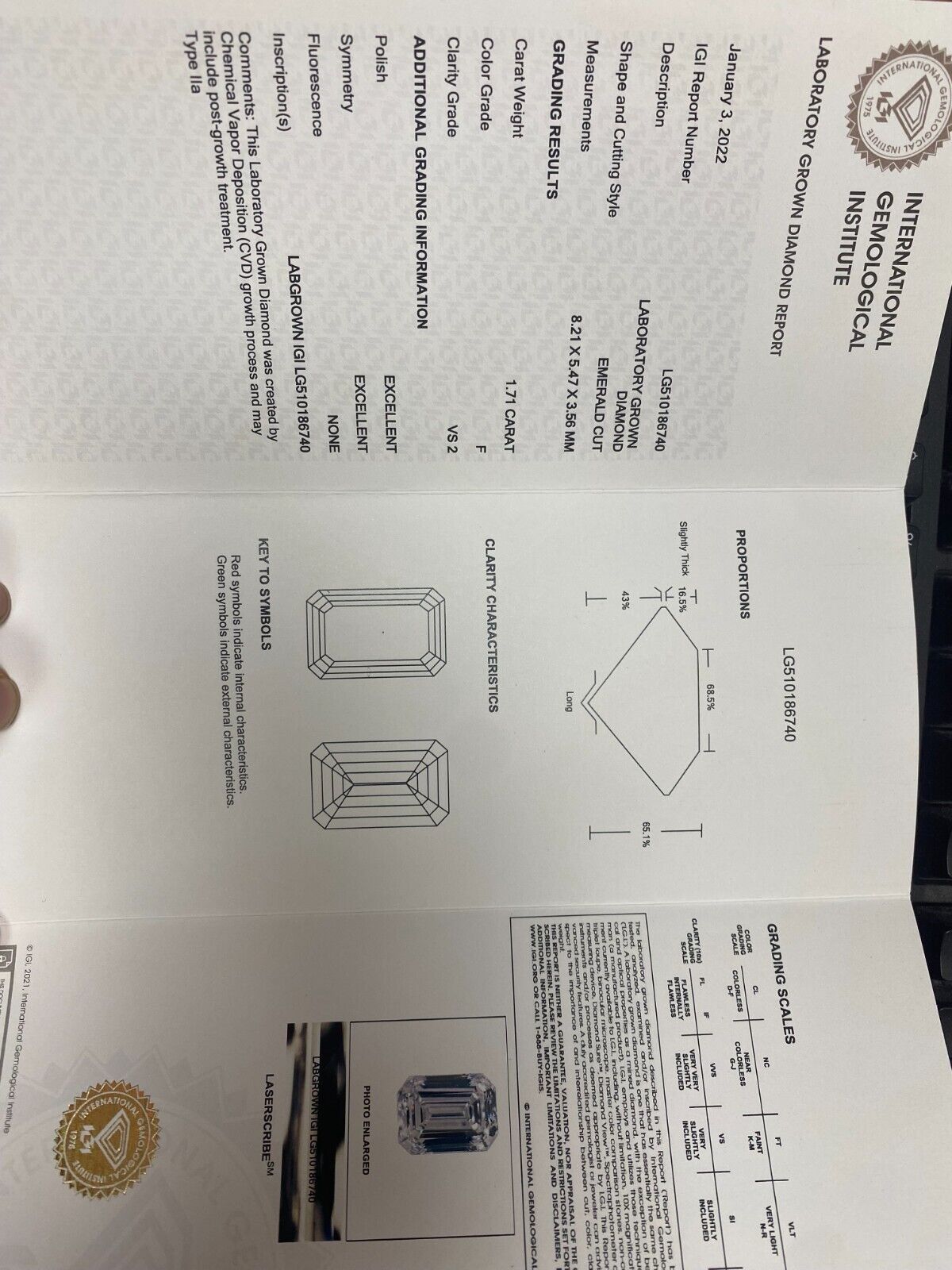 14K Gold 1.71 ct Emerald Cut Diamond Solitaire Engagement Ring F VS2 Lab Grown