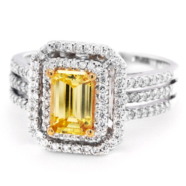 1.50tcw Fancy Yellow Emerald Cut Halo Engagement Ring