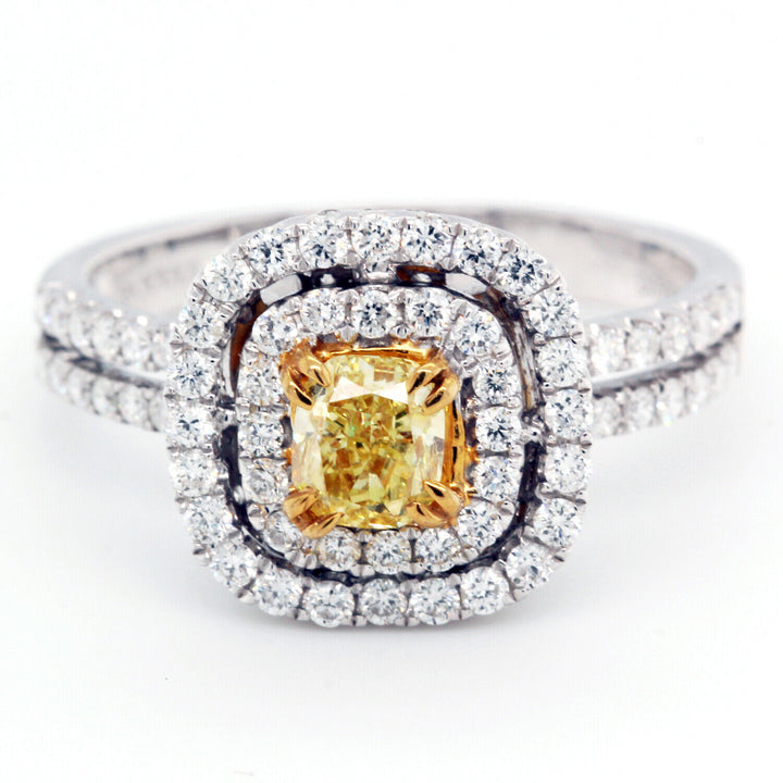 1.53ct Fancy Yellow Cushion Diamond Double Halo and Shank Engagement Ring
