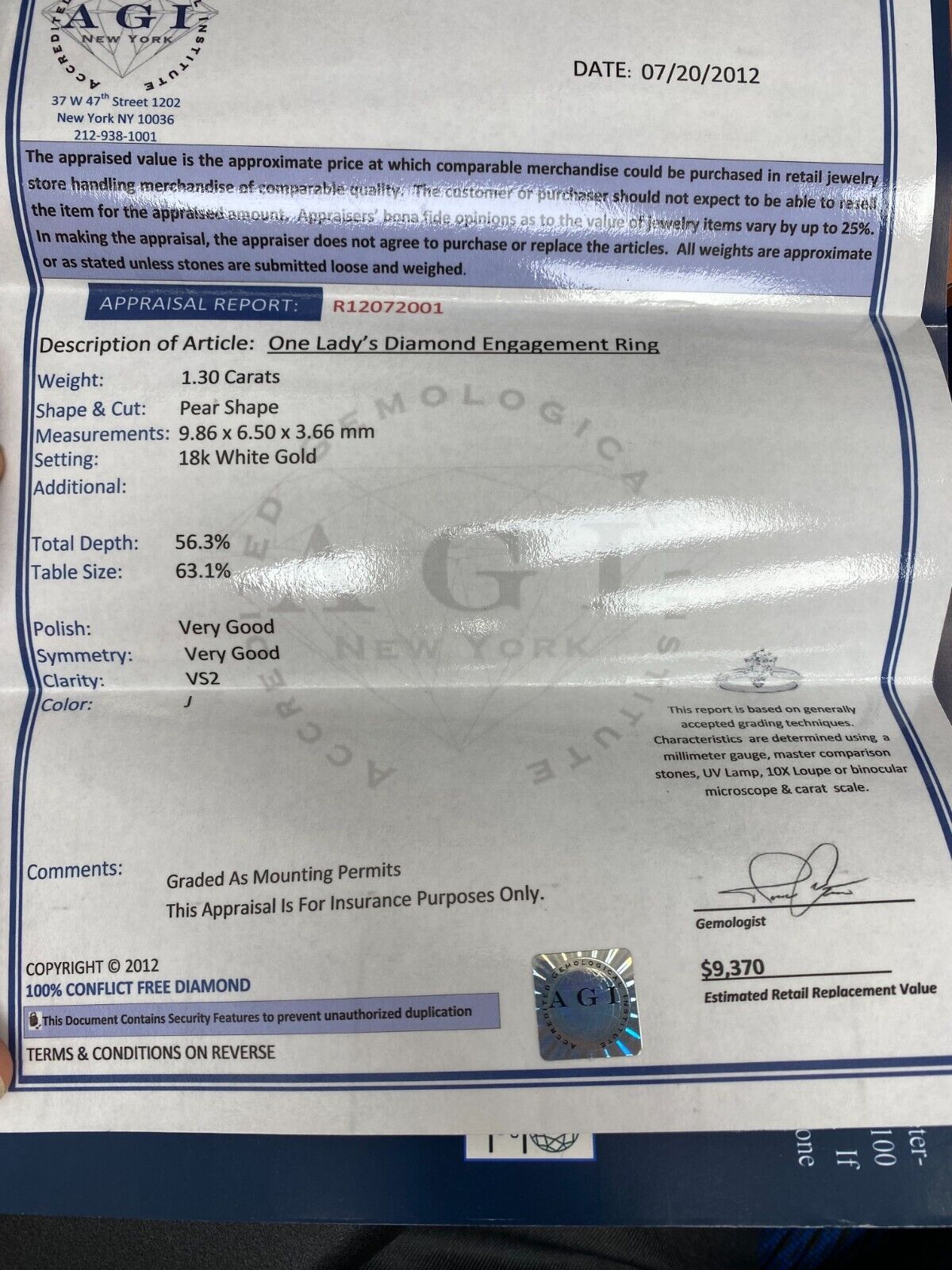 14K Gold 1.30 ct Pear Shape Diamond Solitaire Engagement Ring J vs2