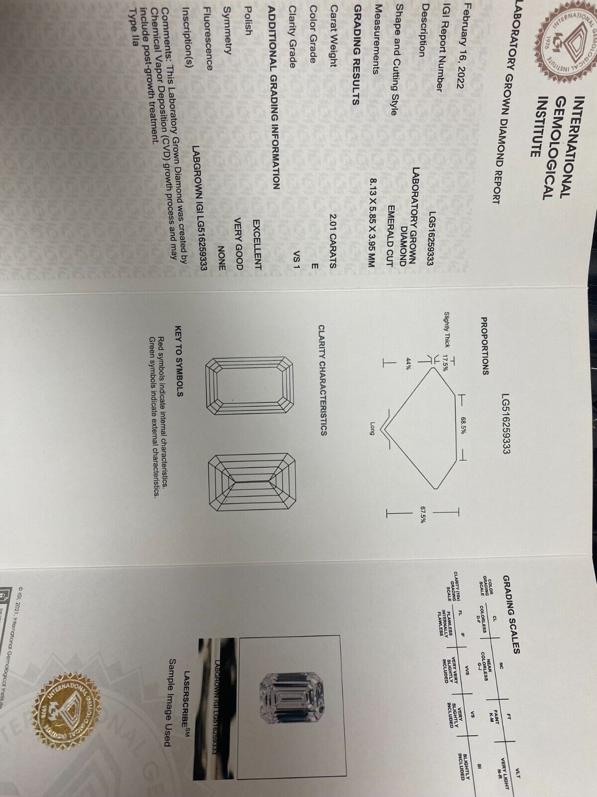 14K Gold 2.01 ct Emerald Cut Diamond Solitaire Engagement Ring E VS1 Lab Grown