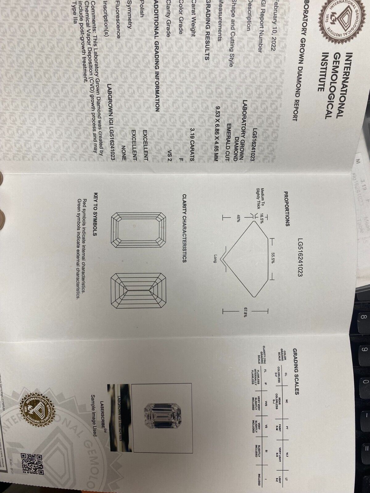 14K Gold 3.19 ct Emerald Cut Diamond Solitaire Engagement Ring F VS2 Lab Grown