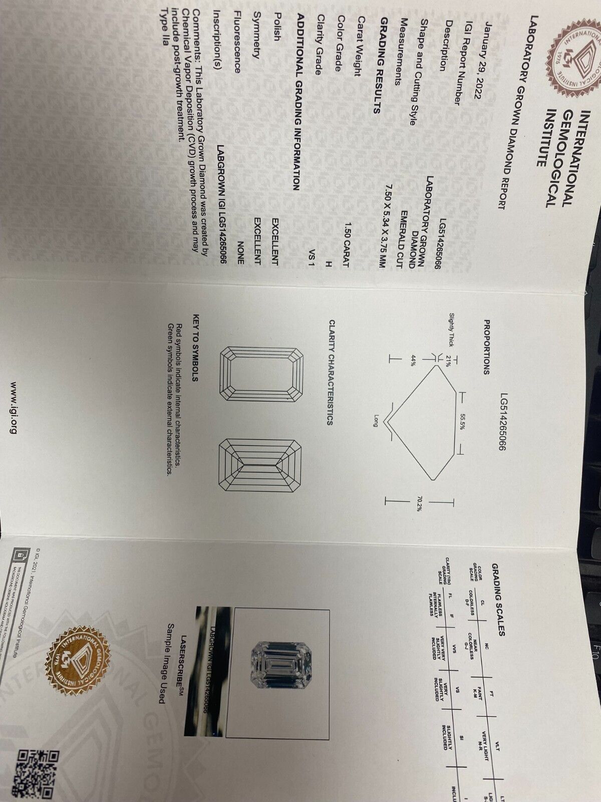 14K Gold 1.50 ct Emerald Cut Diamond Solitaire Engagement Ring H VS1 Lab Grown