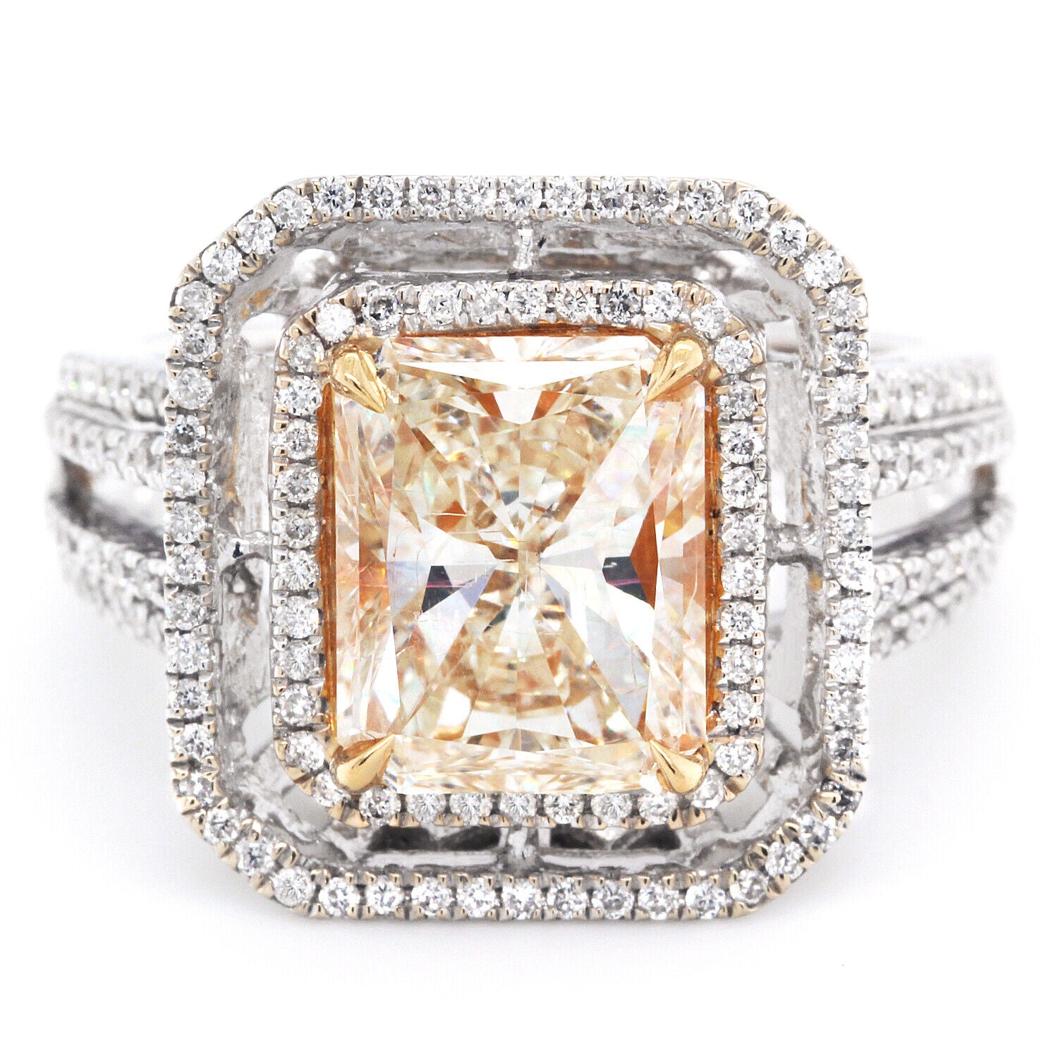 3.65 Ct Fancy Yellow Diamond Halo Ring Radiant Cut Diamond Engagement Ring