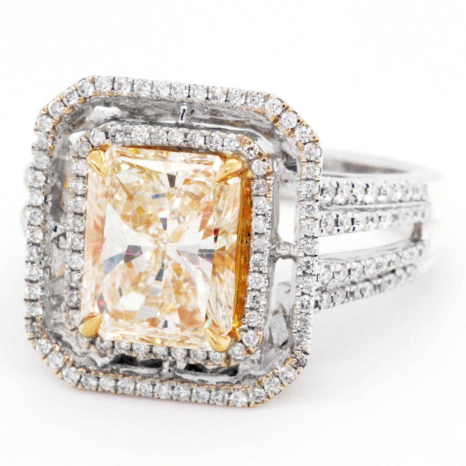 3.65 Ct Fancy Yellow Diamond Halo Ring Radiant Cut Diamond Engagement Ring