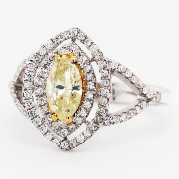 Fancy Yellow Diamond Double Halo Marquise Cocktail Ring 1.02 Tcw 18K White Gold 