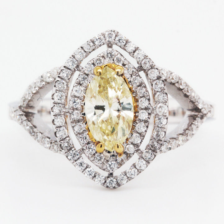 Fancy Yellow Diamond Double Halo Marquise Cocktail Ring 1.02 Tcw 18K White Gold 