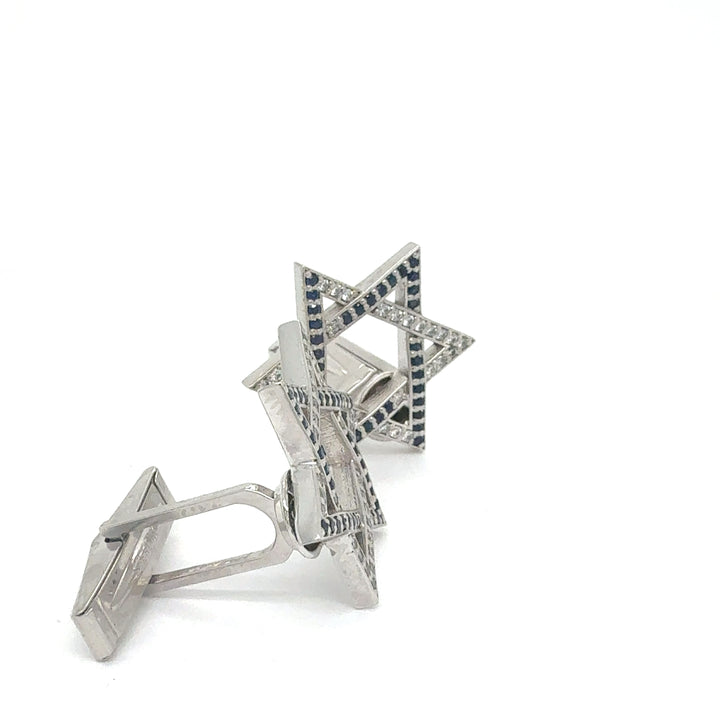14k Gold 0.55ct Lab-Grown Diamond & Sapphire Magen David Cufflinks