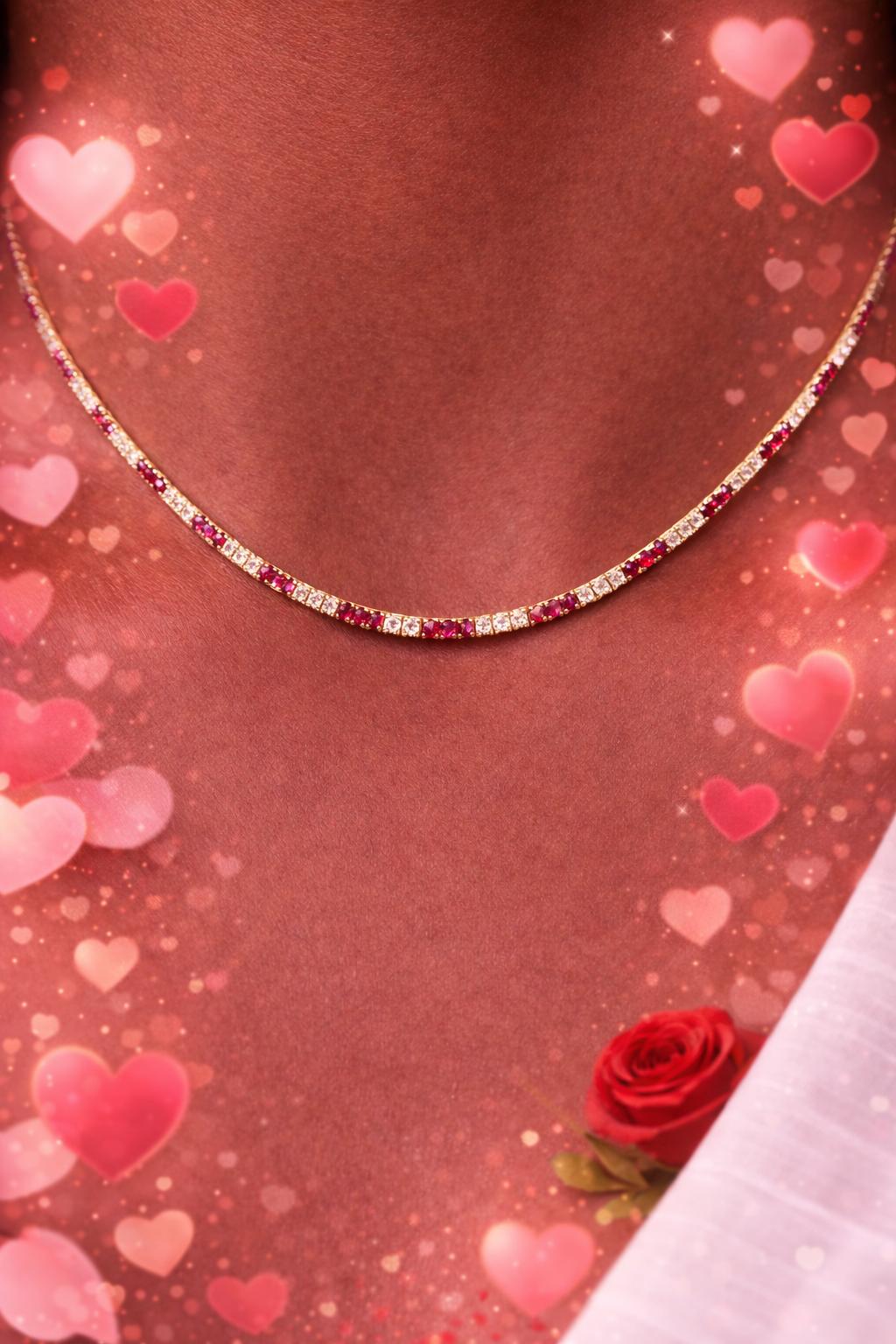 Valentine's day! Natural 14k Yellow Gold Necklace with Diamonds and Rubies