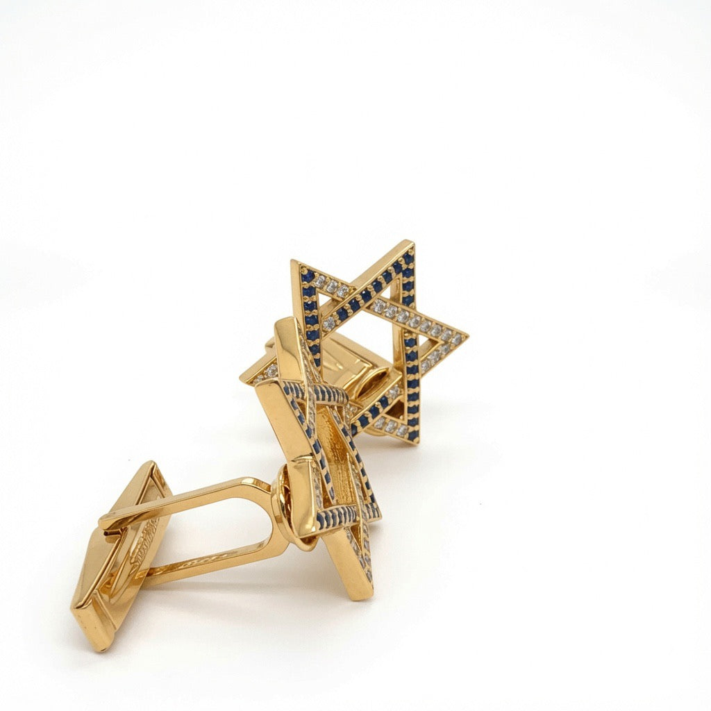 14k Gold 0.55ct Lab-Grown Diamond & Sapphire Magen David Cufflinks