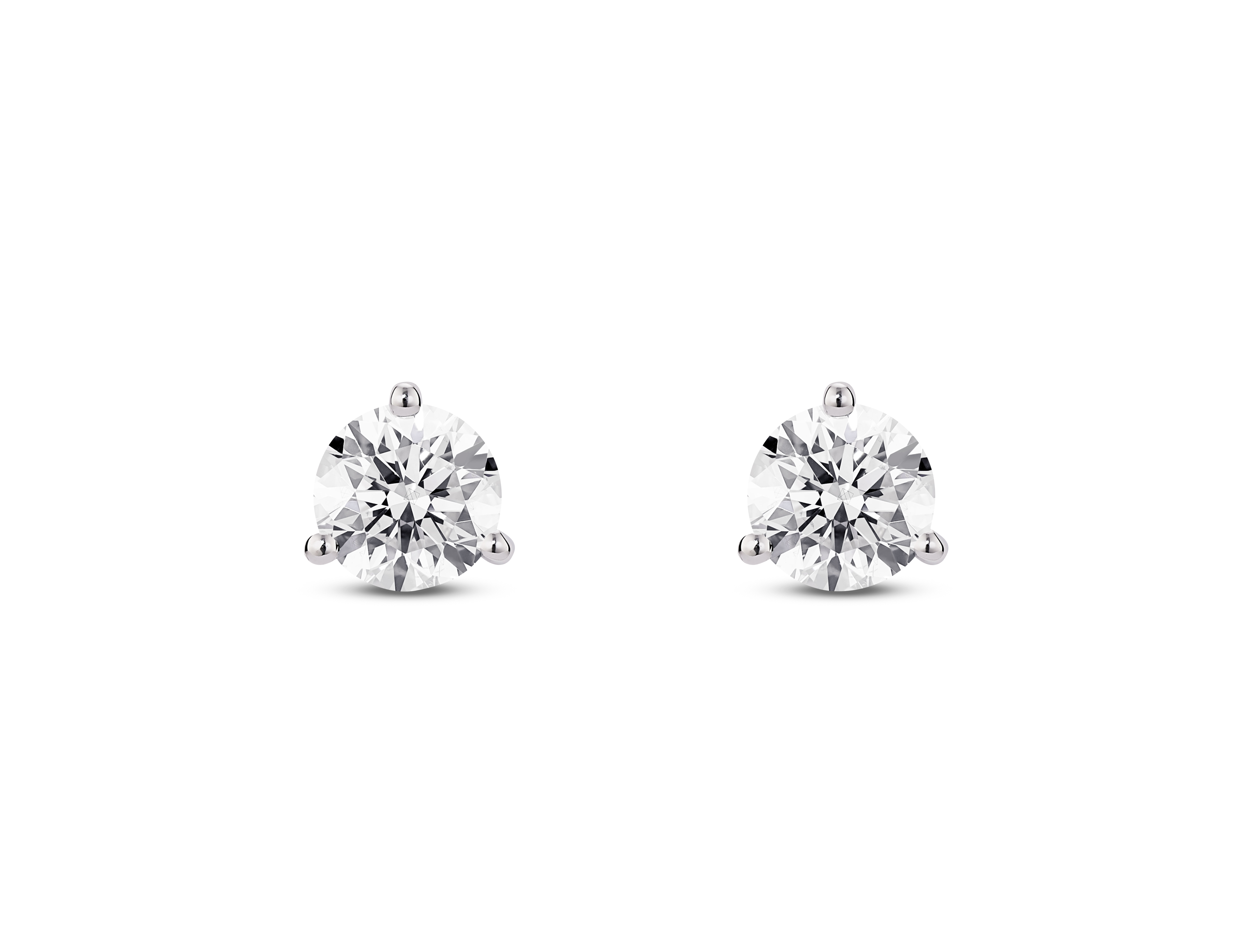 Front view of white lab grown 1 carat total weight round brilliant solitaire studs in 14k white gold