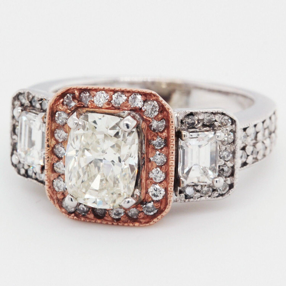 Elongated Cushion Cut Engagement Ring 3.50 TCW 18K White Gold and 18K Rose Gold