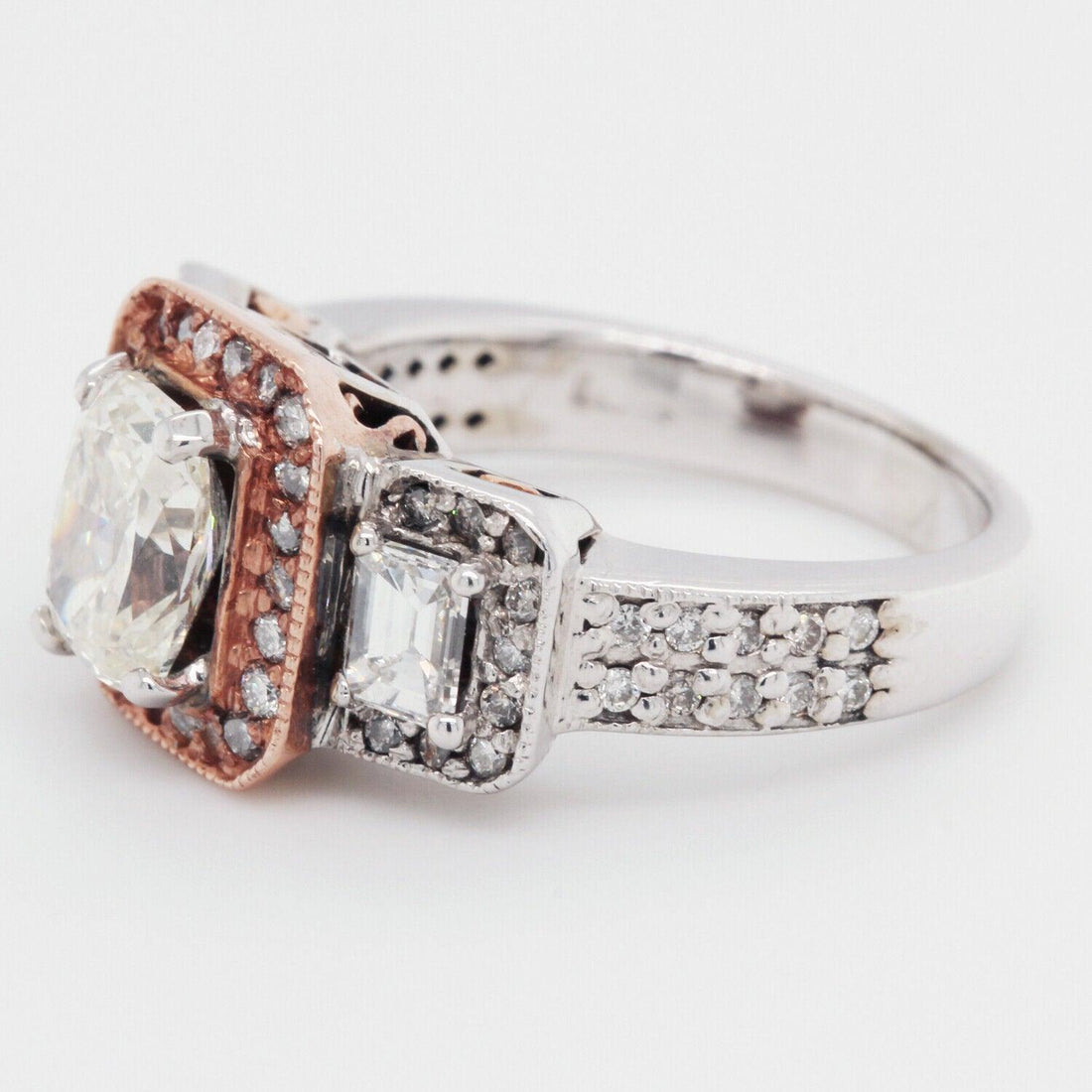 Elongated Cushion Cut Engagement Ring 3.50 TCW 18K White Gold and 18K Rose Gold