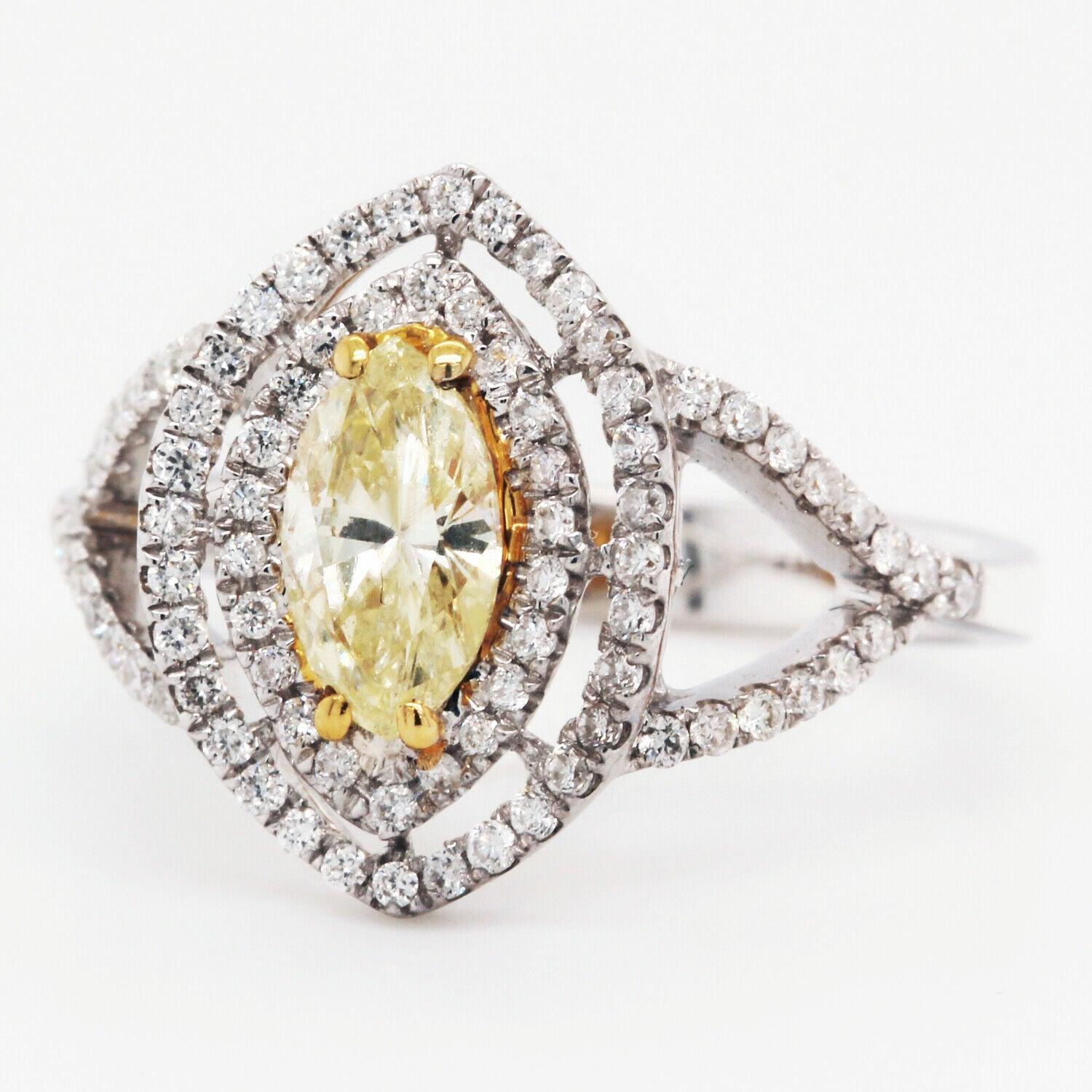 Fancy Yellow Diamond Double Halo Marquise Cocktail Ring 1.02 Tcw 18K White Gold