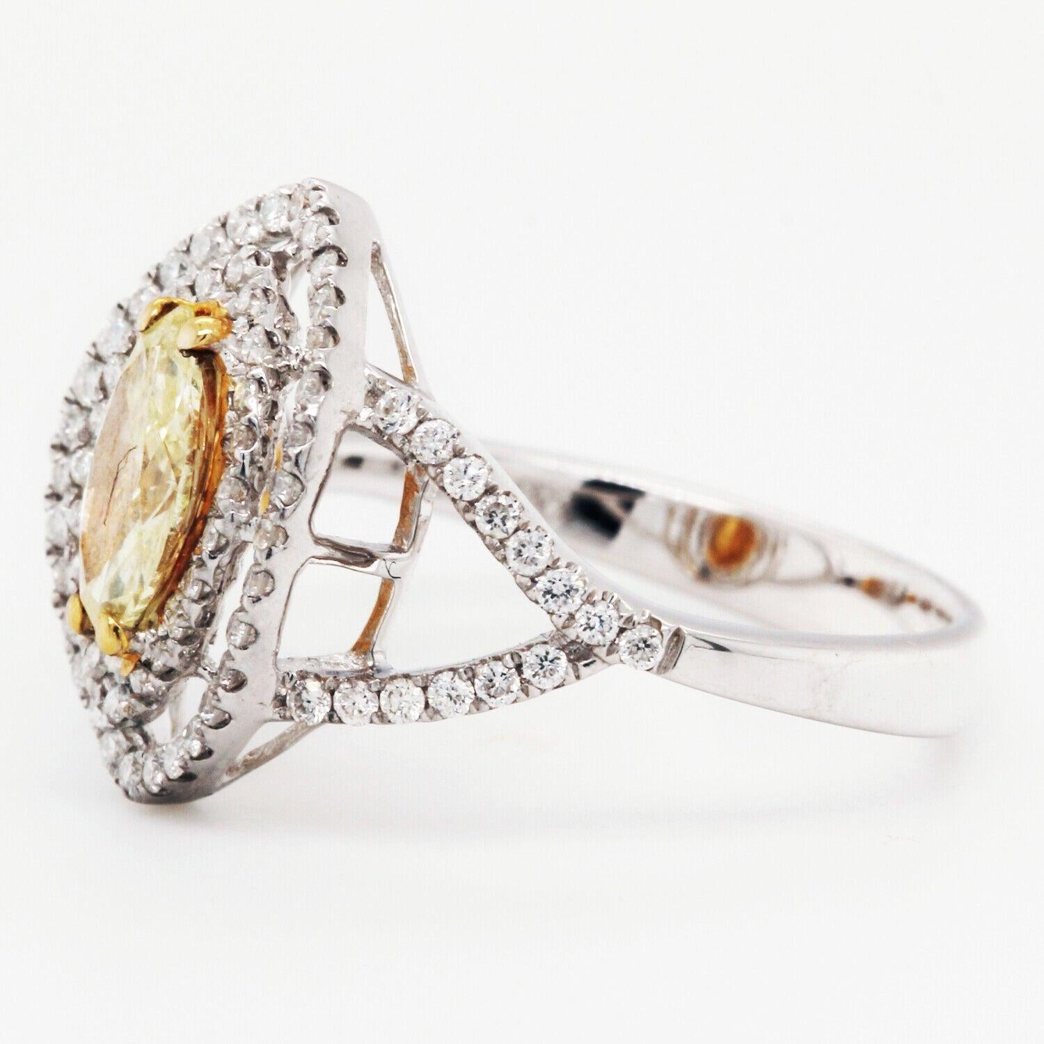 Fancy Yellow Diamond Double Halo Marquise Cocktail Ring 1.02 Tcw 18K White Gold
