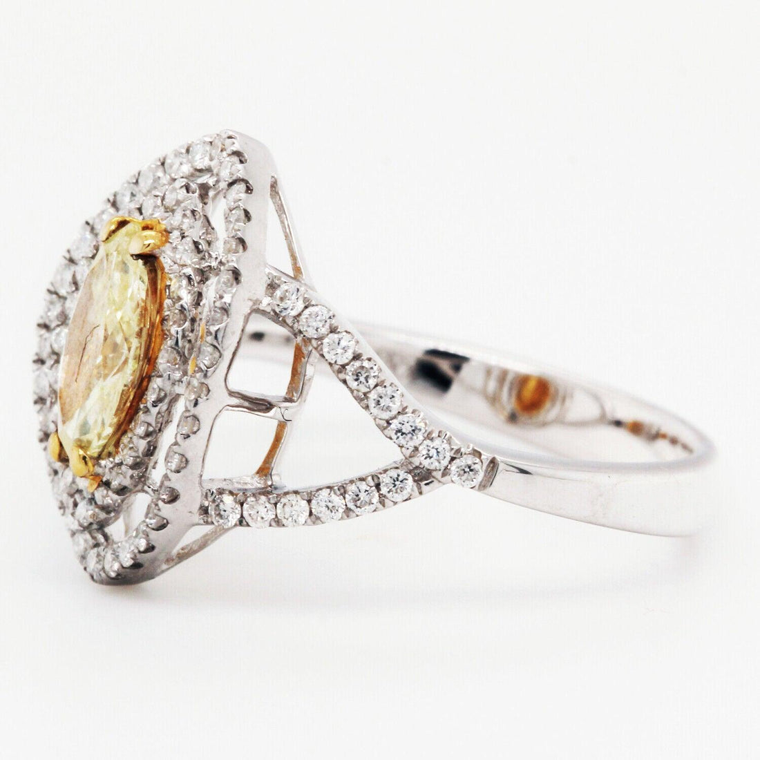 Fancy Yellow Diamond Double Halo Marquise Cocktail Ring 1.02 Tcw 18K White Gold