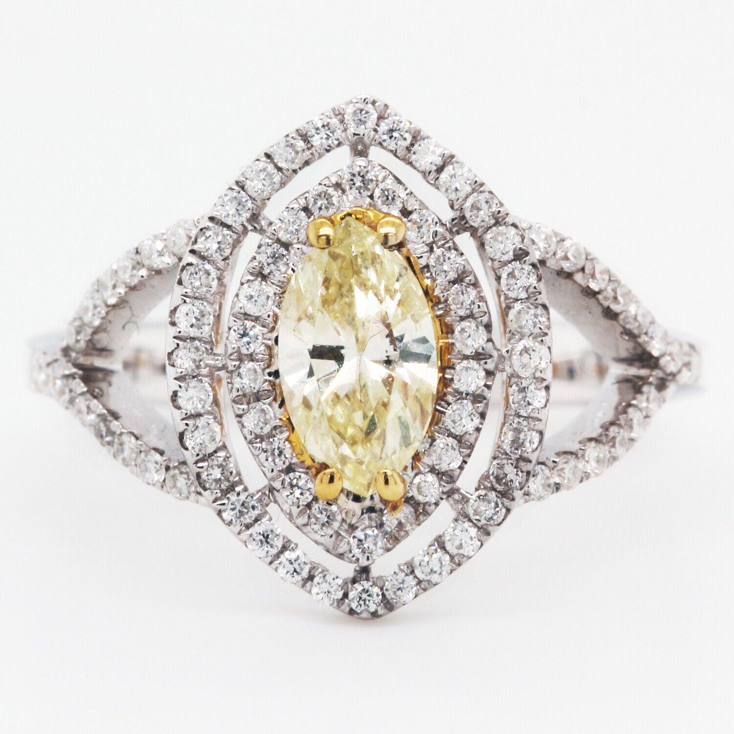 Fancy Yellow Diamond Double Halo Marquise Cocktail Ring 1.02 Tcw 18K White Gold