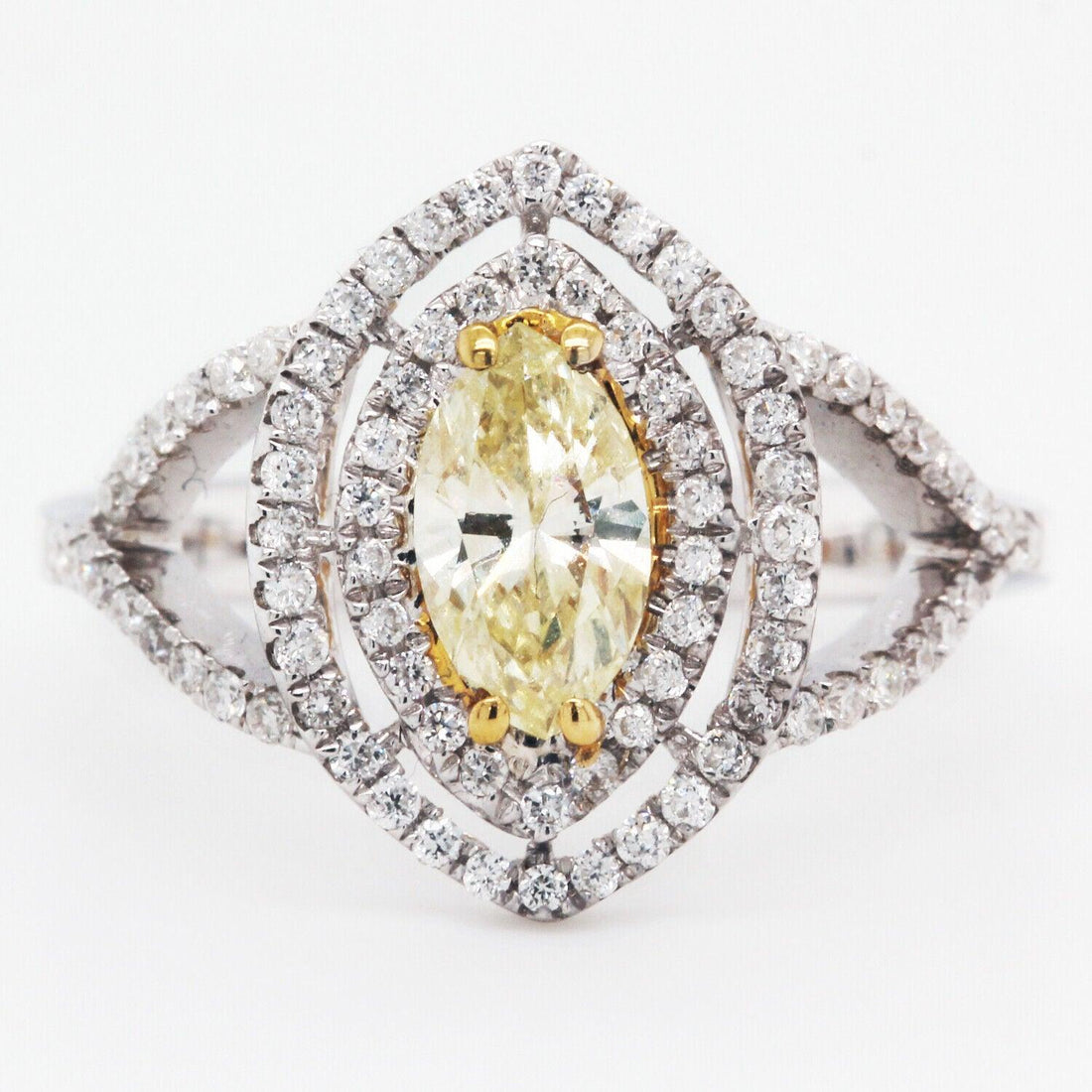 Fancy Yellow Diamond Double Halo Marquise Cocktail Ring 1.02 Tcw 18K White Gold