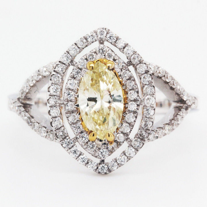 Fancy Yellow Diamond Double Halo Marquise Cocktail Ring 1.02 Tcw 18K White Gold
