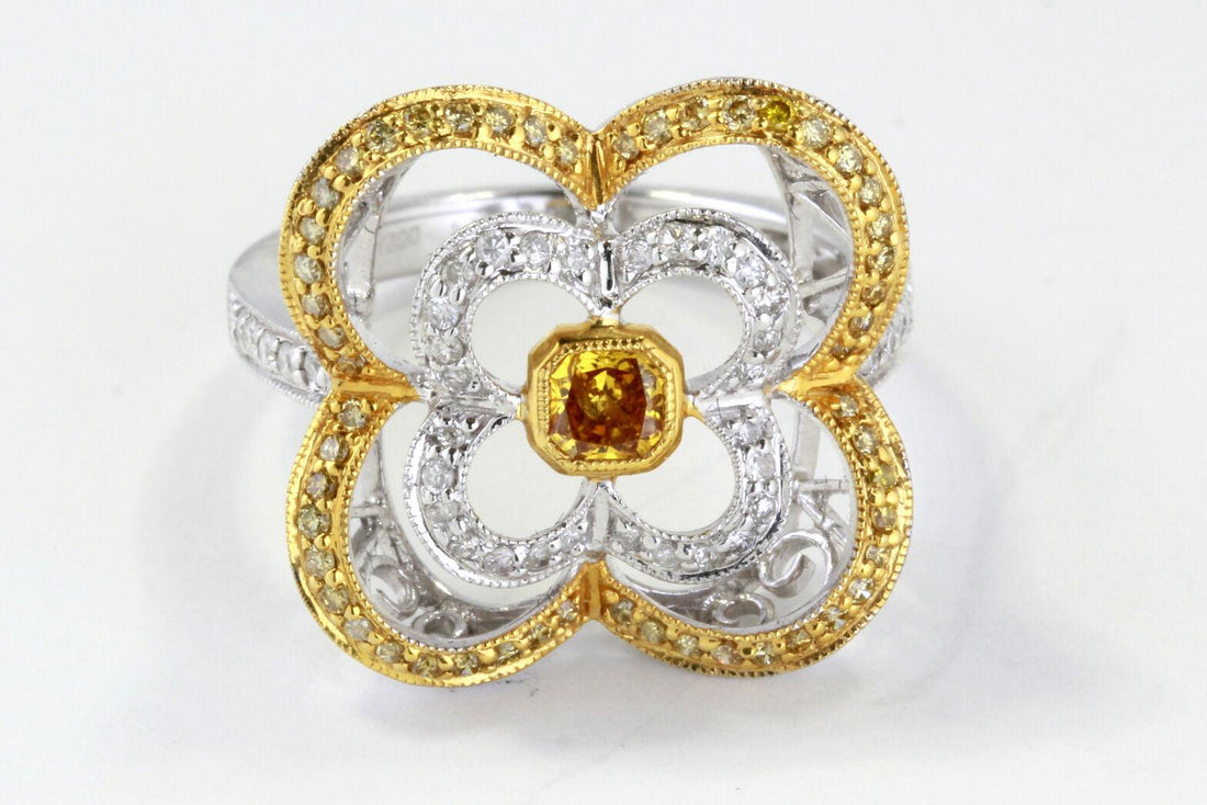 18k Gold Ring with 0.23ct Yellow Diamond & Floral Design