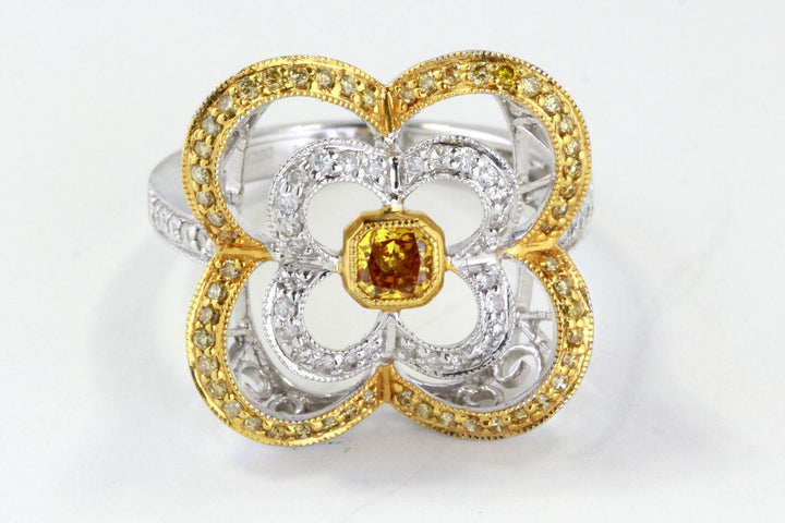 18k Gold Ring with 0.23ct Yellow Diamond & Floral Design