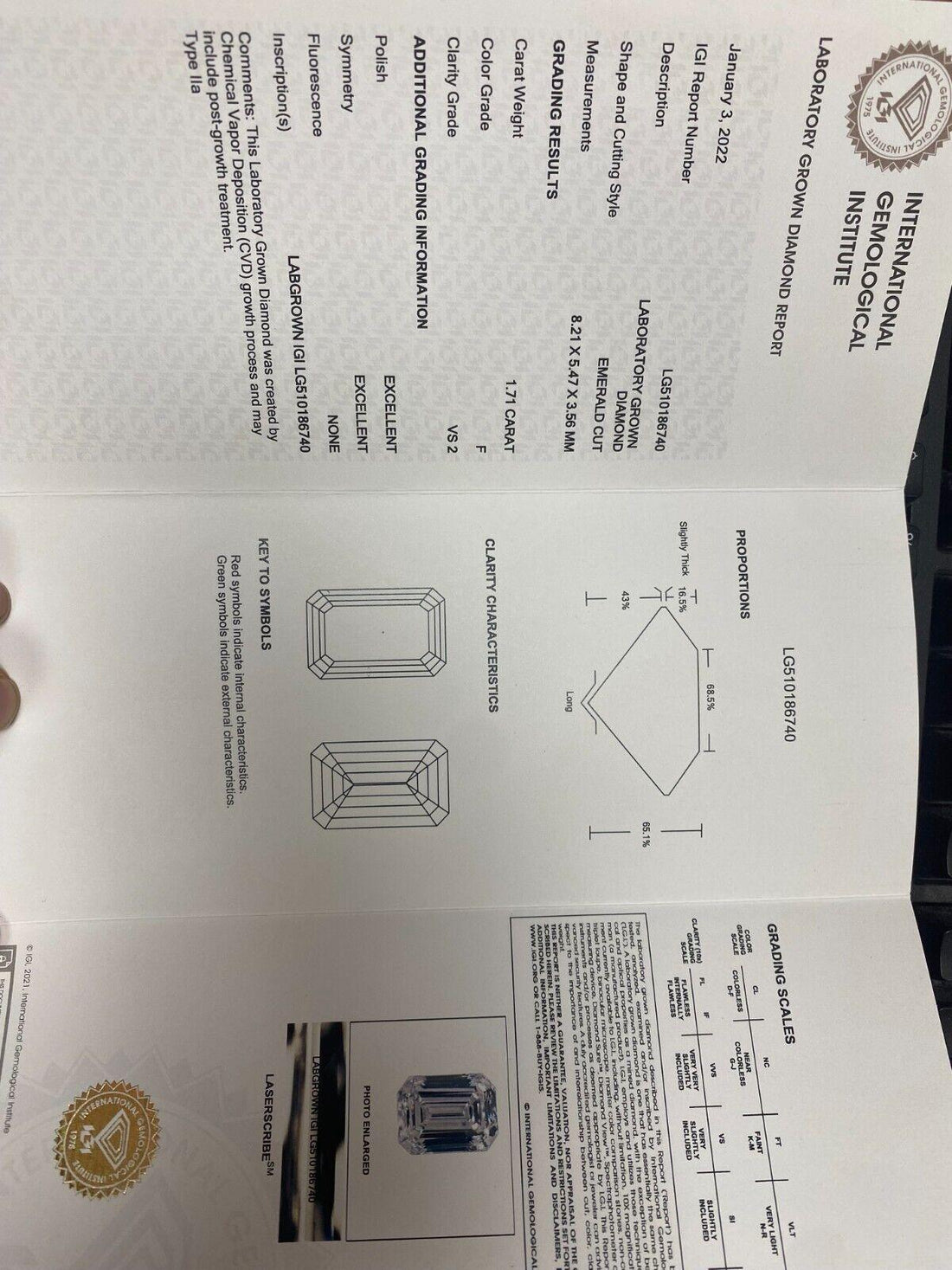 Lab Grown 1.71ct Emerald Cut Diamond Solitaire Engagement Ring F-VS2 14K Gold