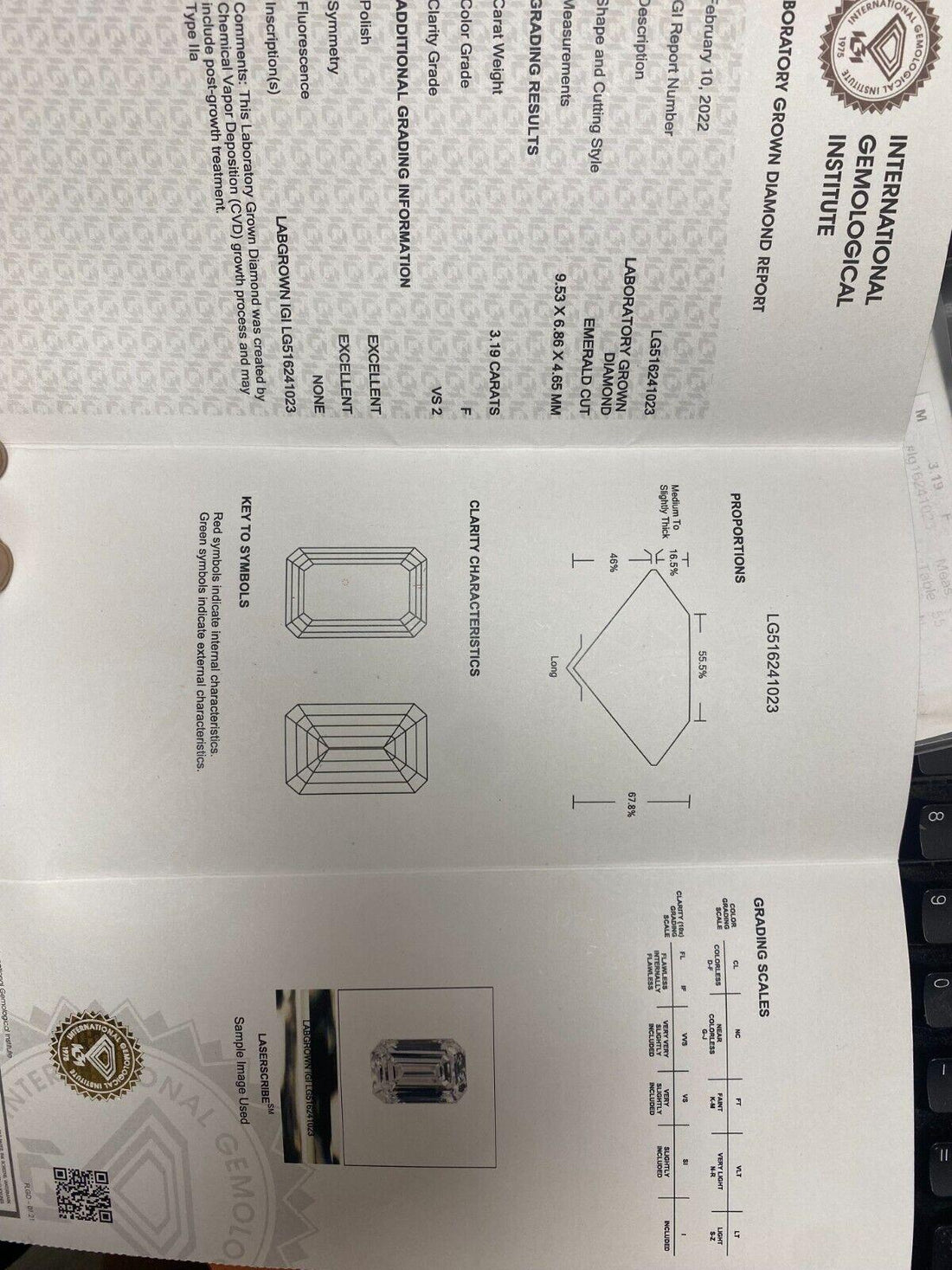 Lab Grown 3.19ct Emerald Cut Diamond Solitaire Engagement Ring F-VS2 14K Gold