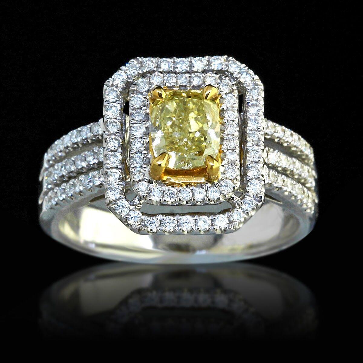 Natural 1.08ct Cushion Cut Fancy Yellow Diamond and round diamond Engagement