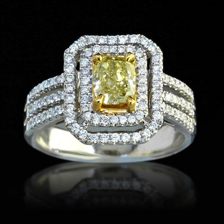 Natural 1.08ct Cushion Cut Fancy Yellow Diamond and round diamond Engagement