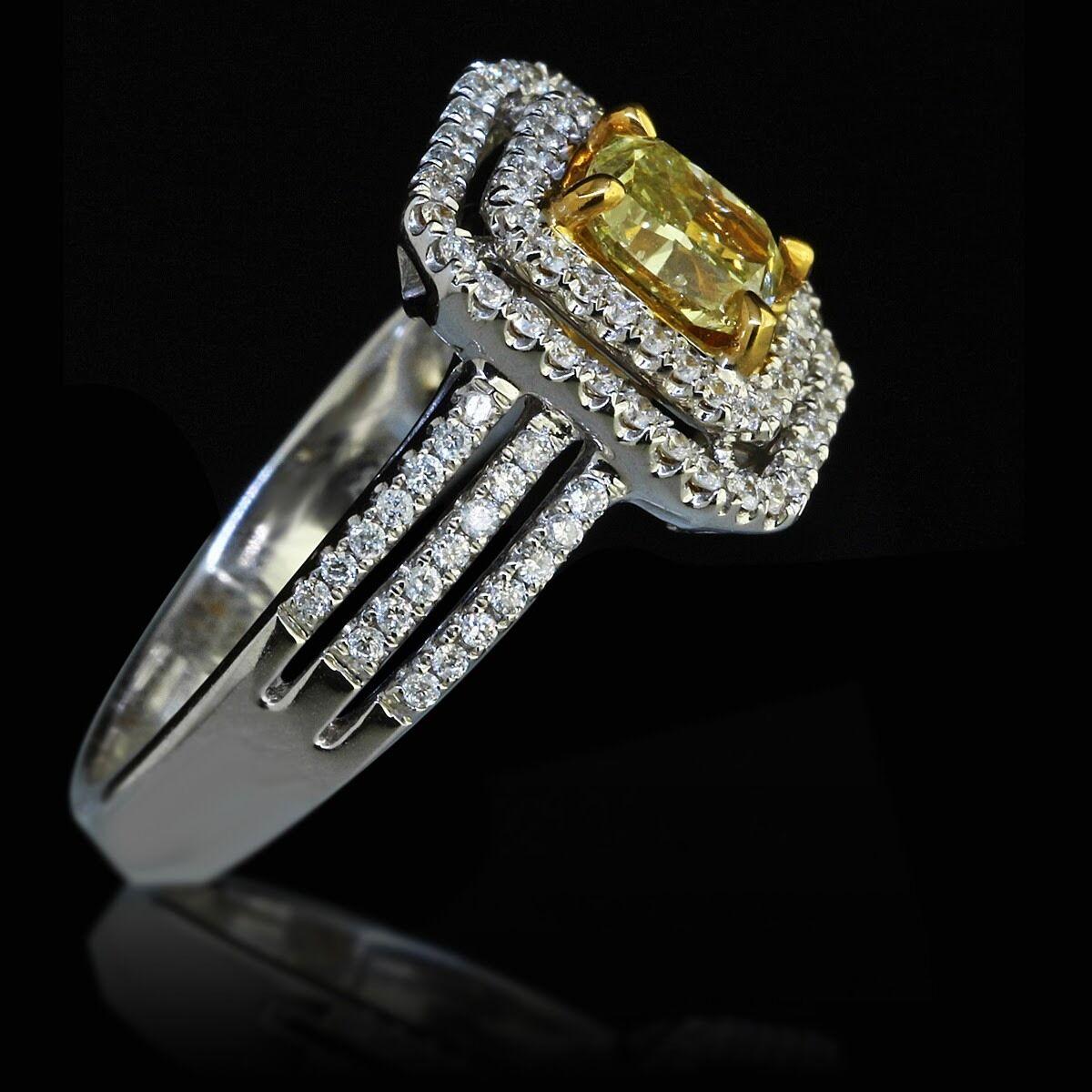 Natural 1.08ct Cushion Cut Fancy Yellow Diamond and round diamond Engagement