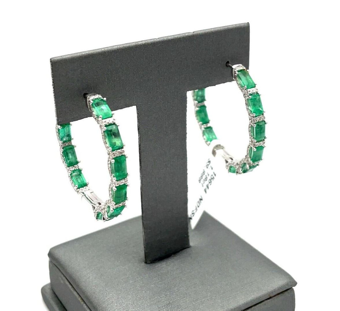 Natural 1.18ct Diamond and Emerald Hudson Hoop Earrings 14K