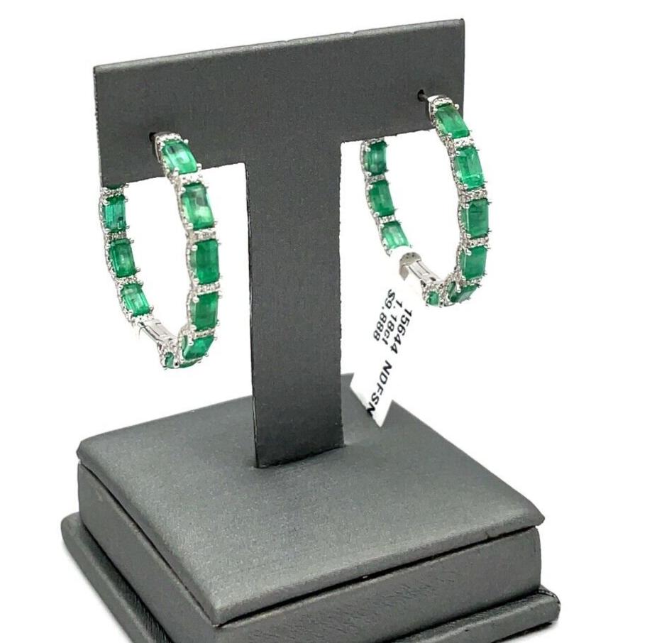 Natural 1.18ct Diamond and Emerald Hudson Hoop Earrings 14K