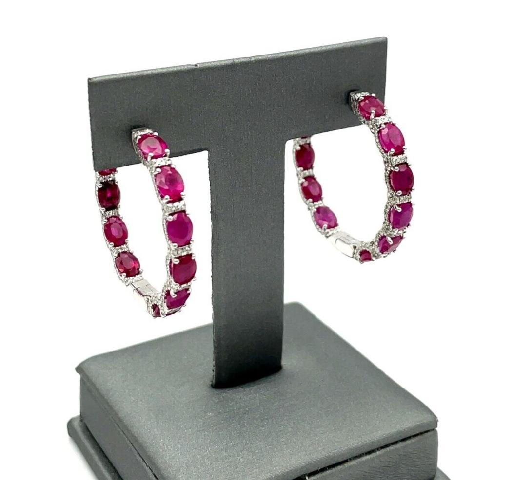 Natural 1.18ct Hudson Ruby and Diamond Hoop Earrings set in 14K white gold