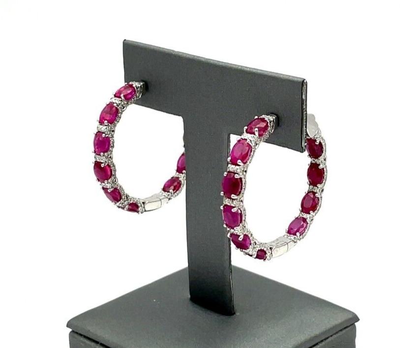 Natural 1.18ct Hudson Ruby and Diamond Hoop Earrings set in 14K white gold