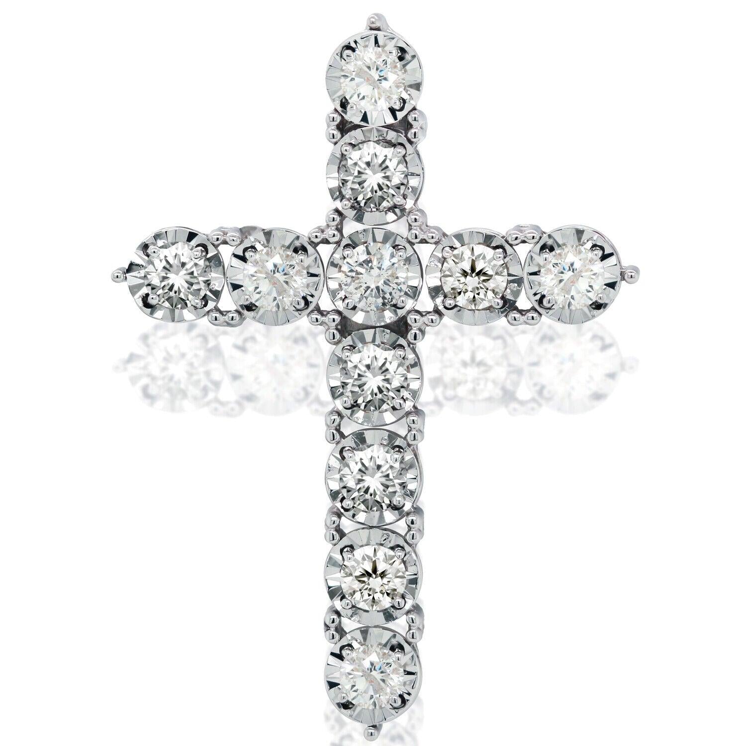 Natural 1.45ct t/w Diamond Cross Pendant in Illusion Setting white gold
