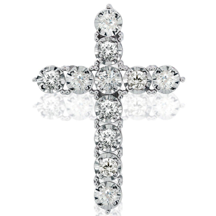 Natural 1.45ct t/w Diamond Cross Pendant in Illusion Setting white gold