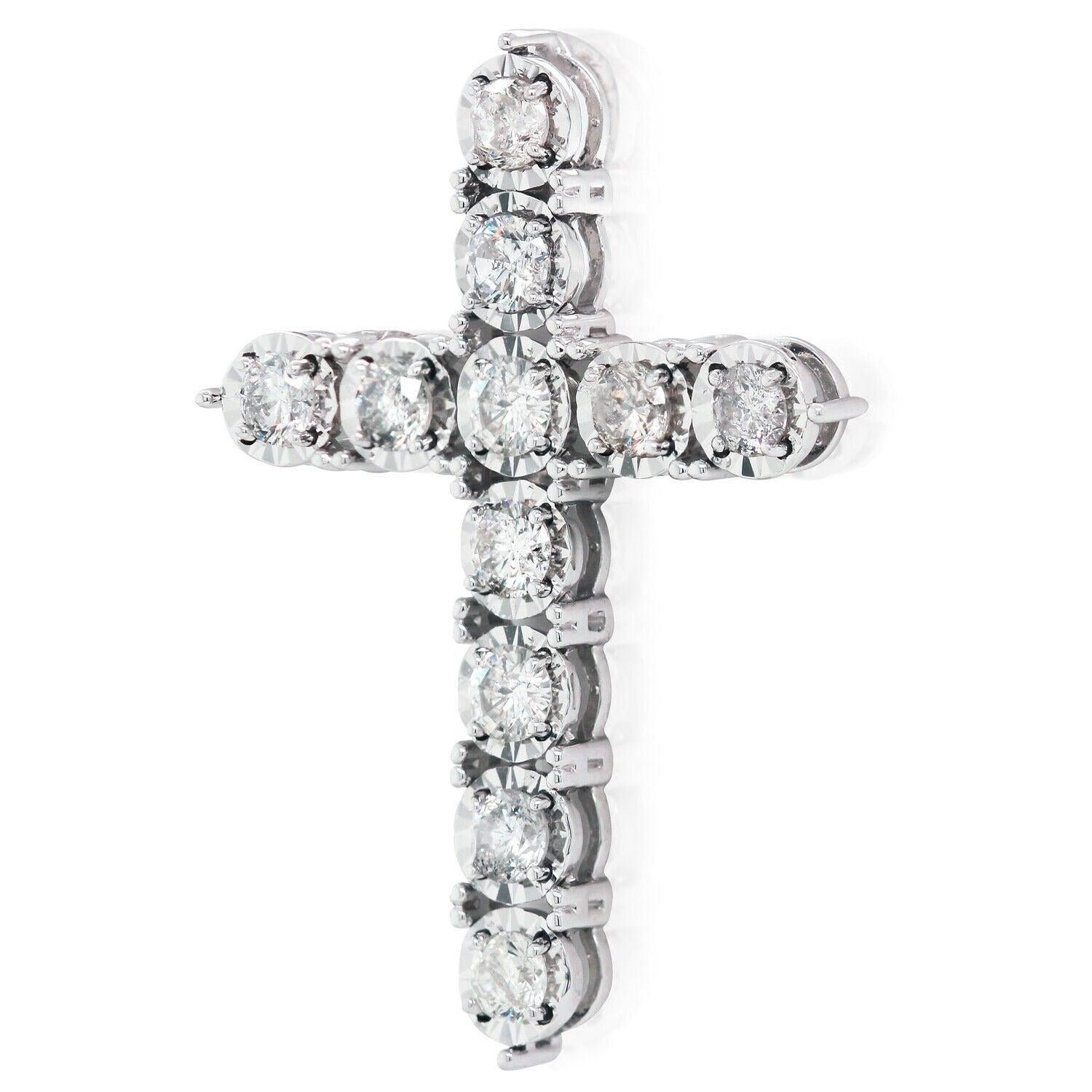 Natural 1.45ct t/w Diamond Cross Pendant in Illusion Setting white gold