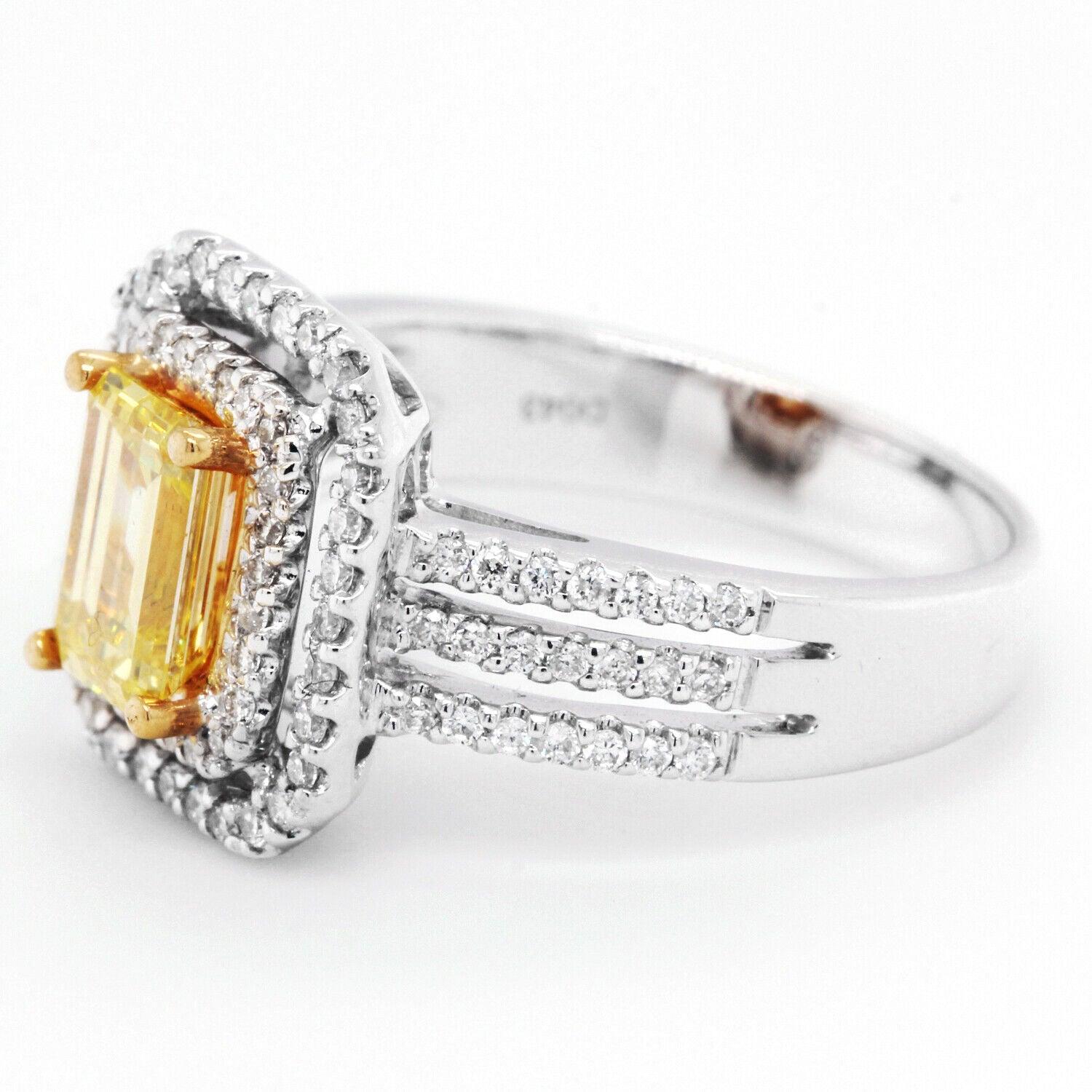 Natural 1.50tcw Fancy Yellow Emerald Cut Halo Engagement Ring
