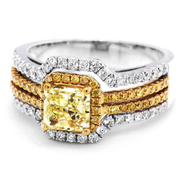 Radiant-Cut Yellow Diamond Ring with 18k Gold Dual Bands Size 6