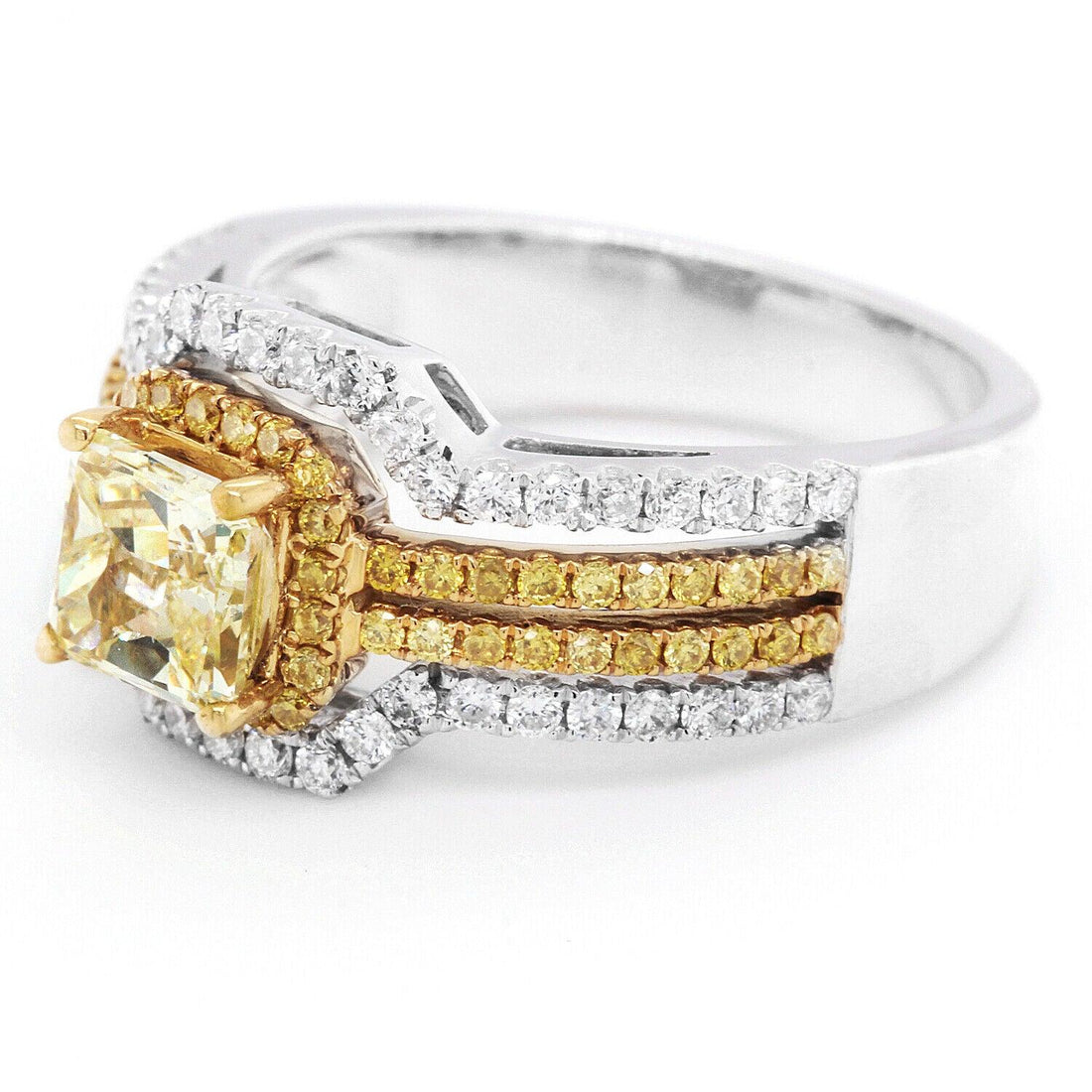 Radiant-Cut Yellow Diamond Ring with 18k Gold Dual Bands Size 6