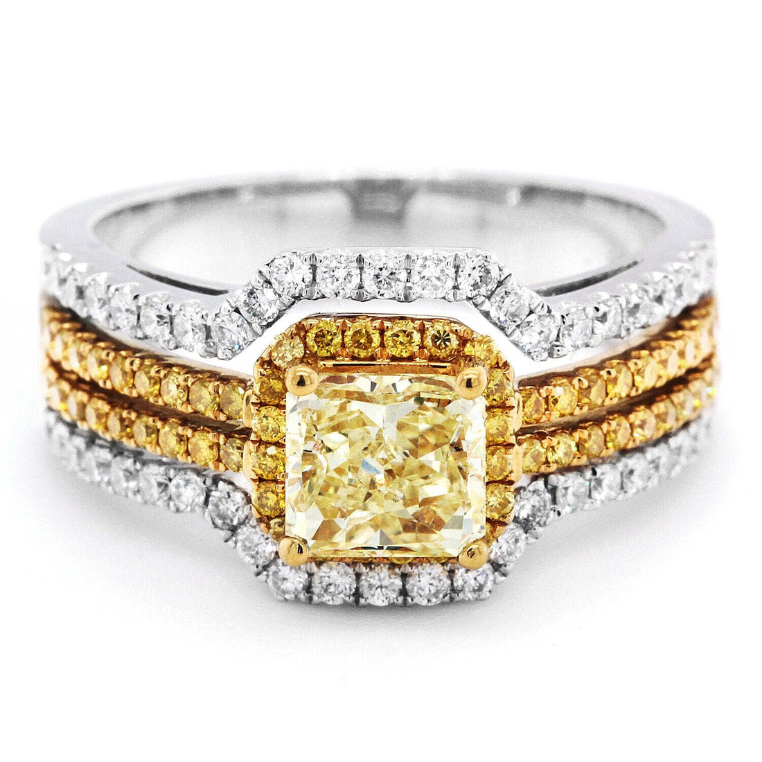 Radiant-Cut Yellow Diamond Ring with 18k Gold Dual Bands Size 6