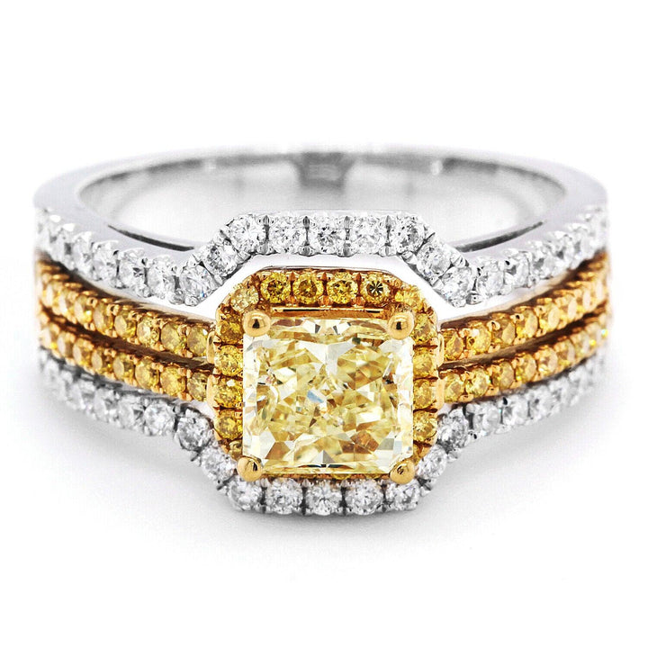 Radiant-Cut Yellow Diamond Ring with 18k Gold Dual Bands Size 6