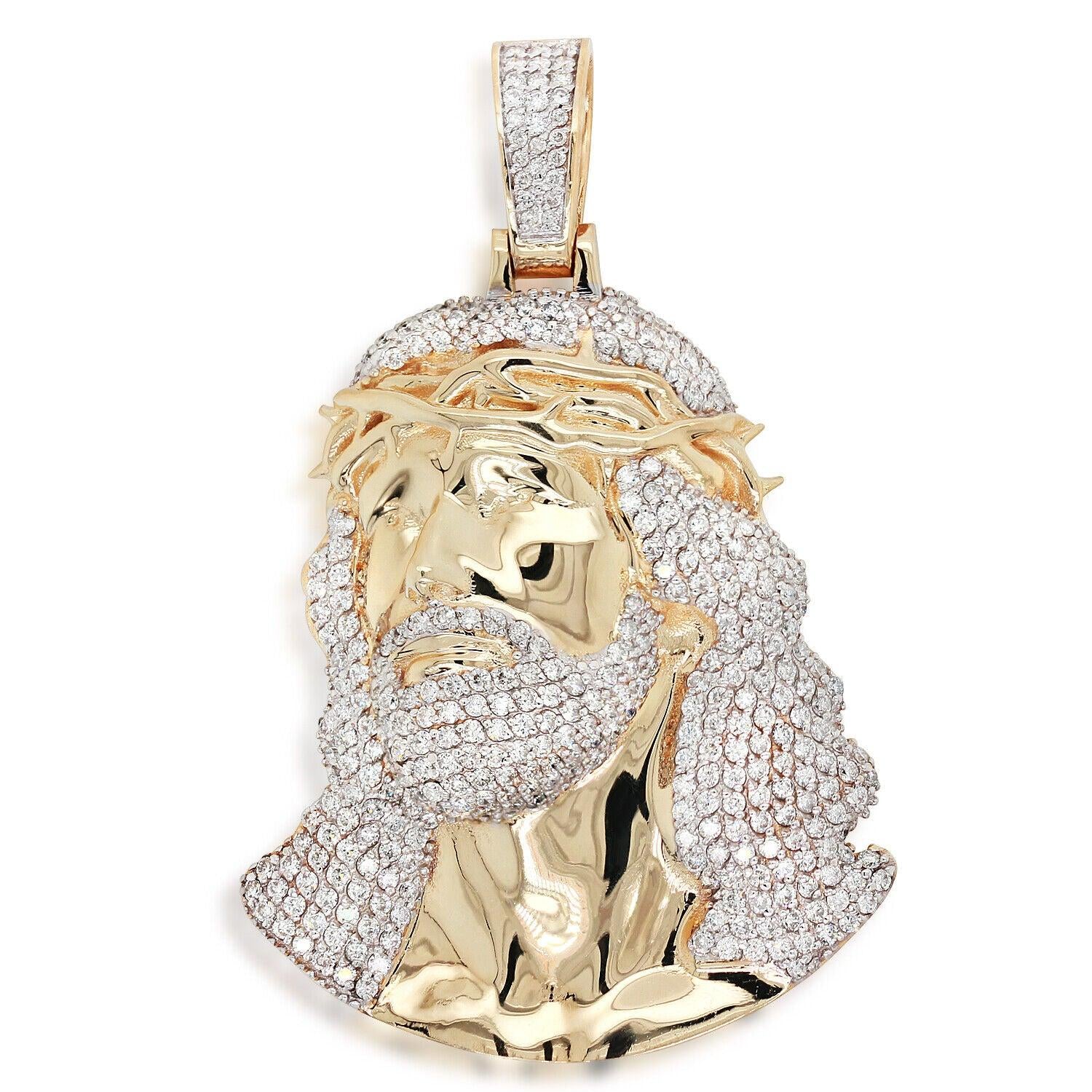 Natural 3.65ct Jesus Pave Diamond Pendant G-H SI1 in 14K Yellow Gold